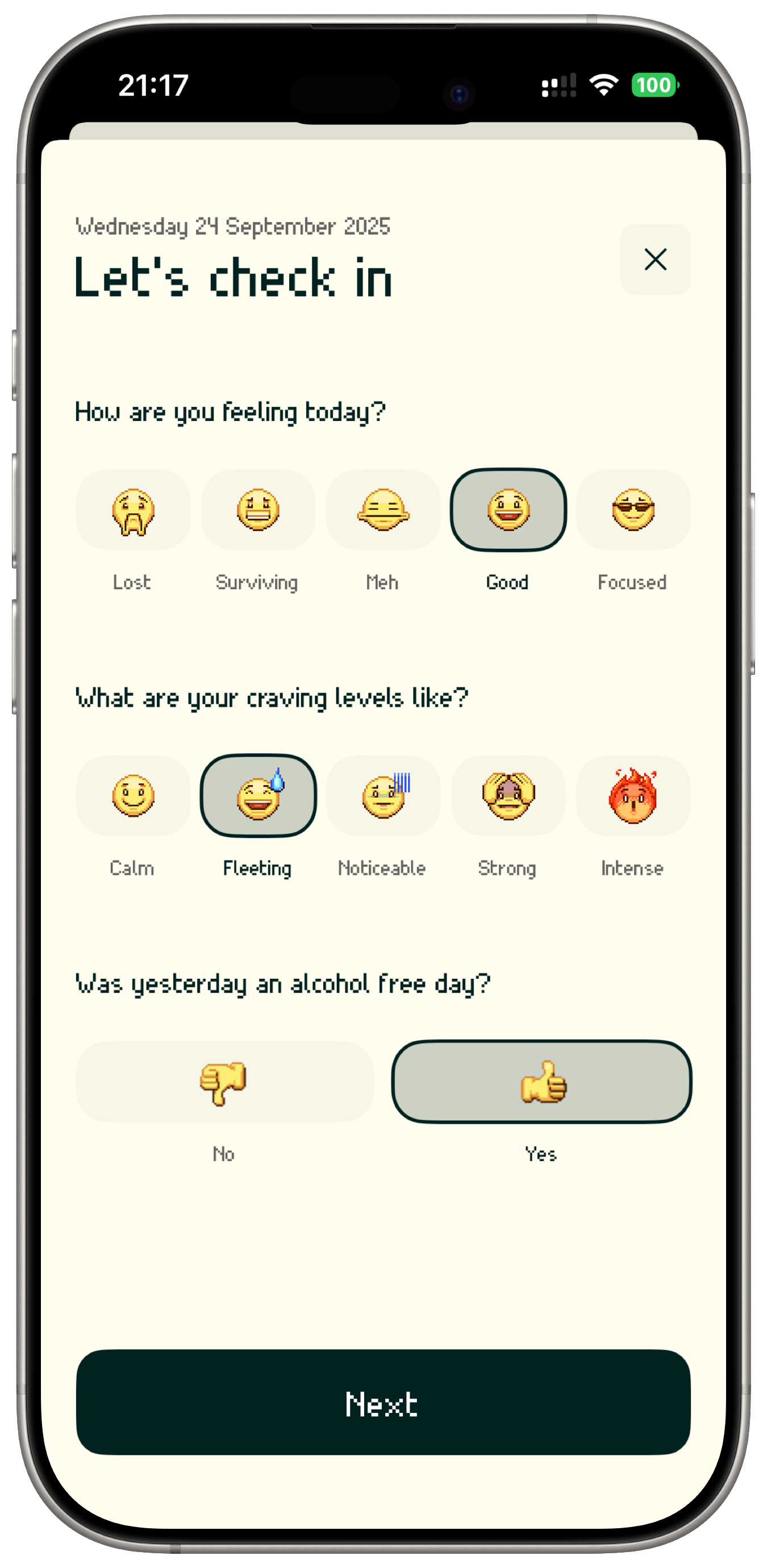 Daily check-in screen