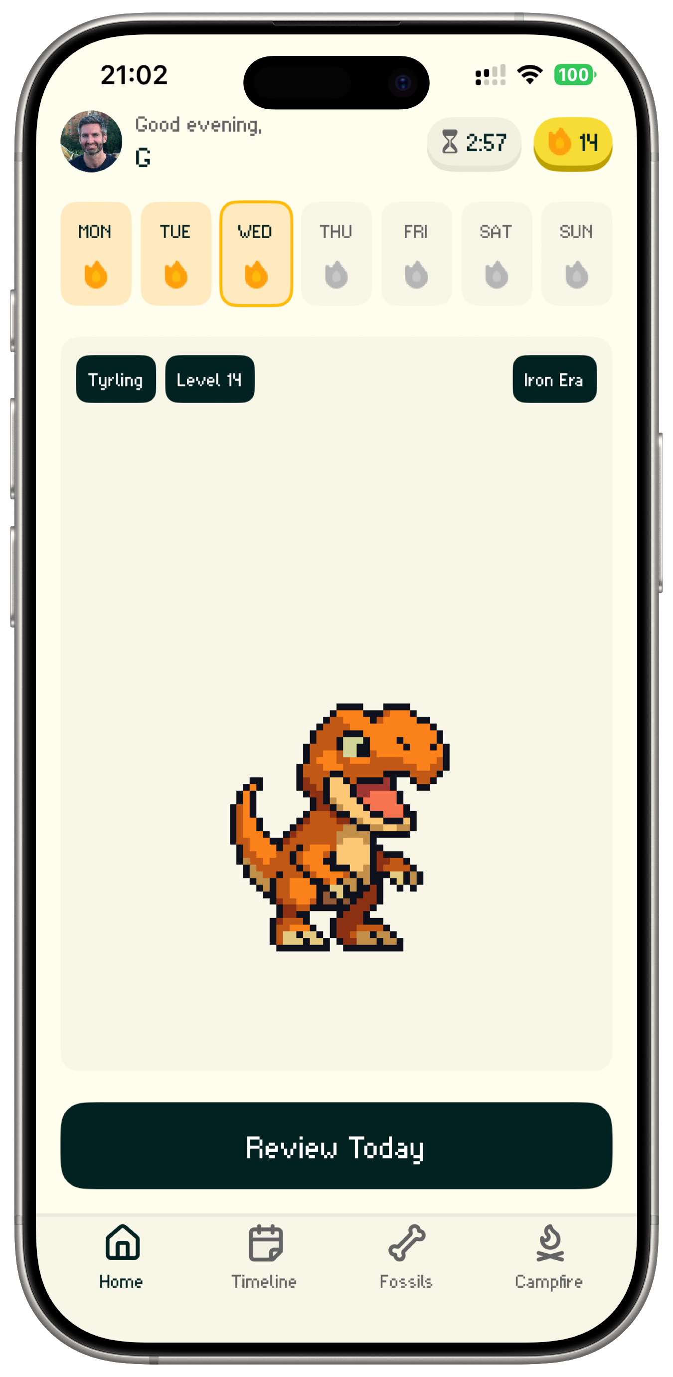Drynosaur app interface showing the evolving pixel art dinosaur
