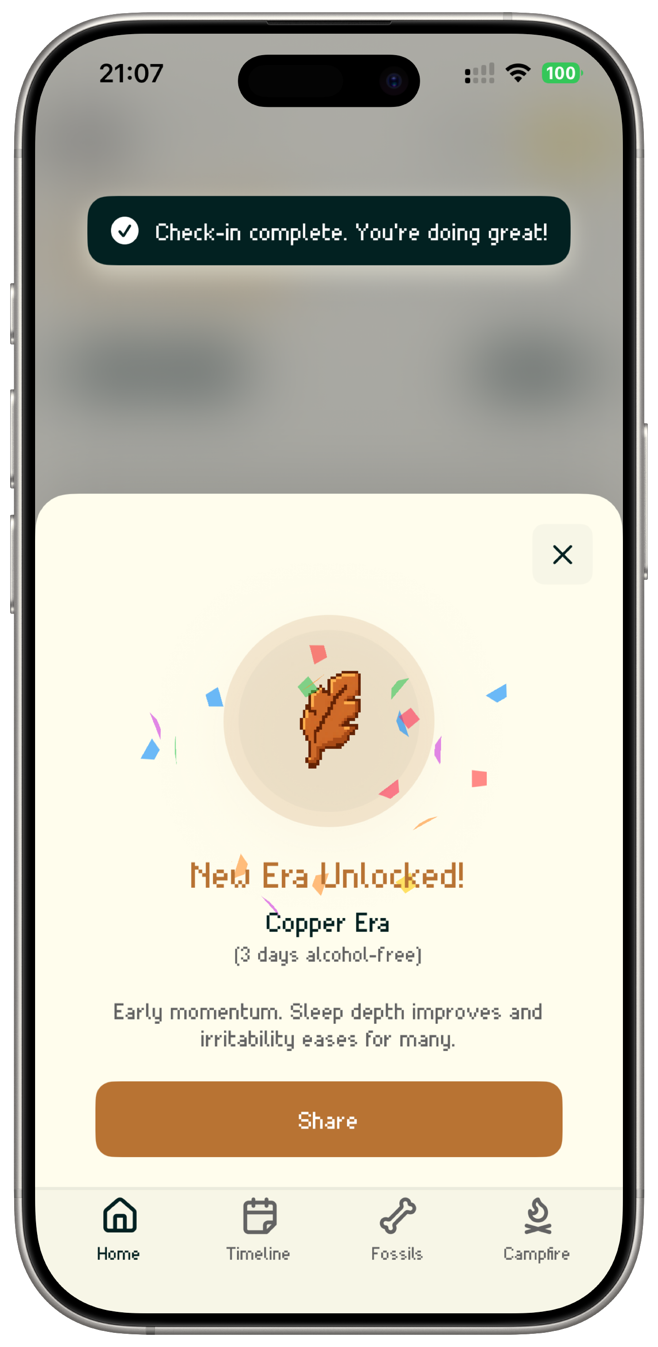 Milestone achievement screen